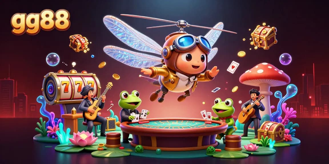 gg88 casino scene featuring a dragonfly pilot and frog croupier amidst vibrant game elements