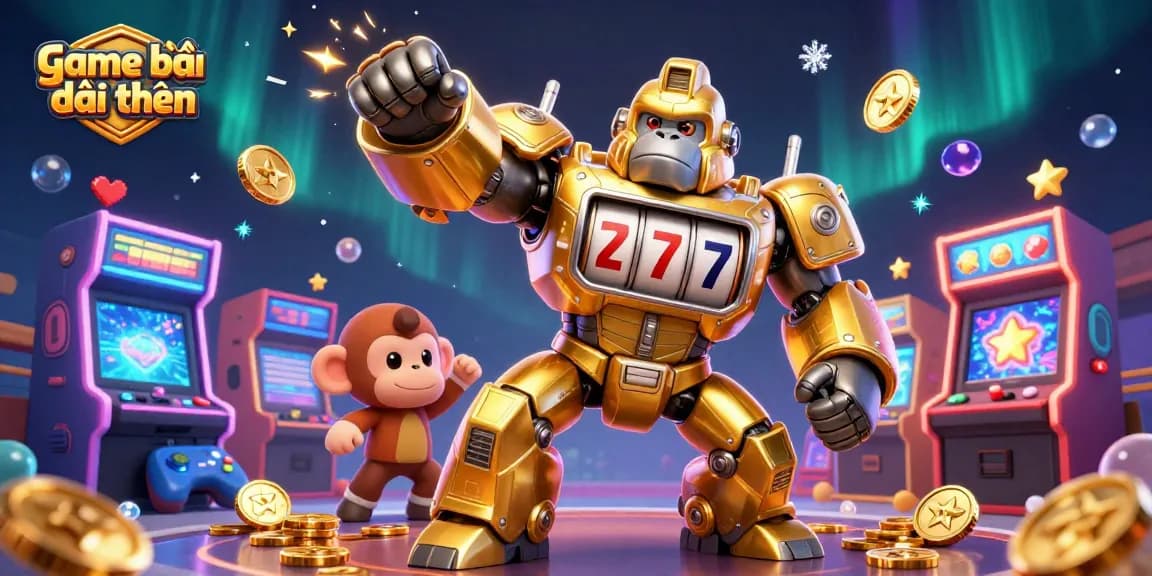 Engage with game bài đổi thưởng dynamics featuring a mech gorilla and arcade elements bursting with color and excitement.
