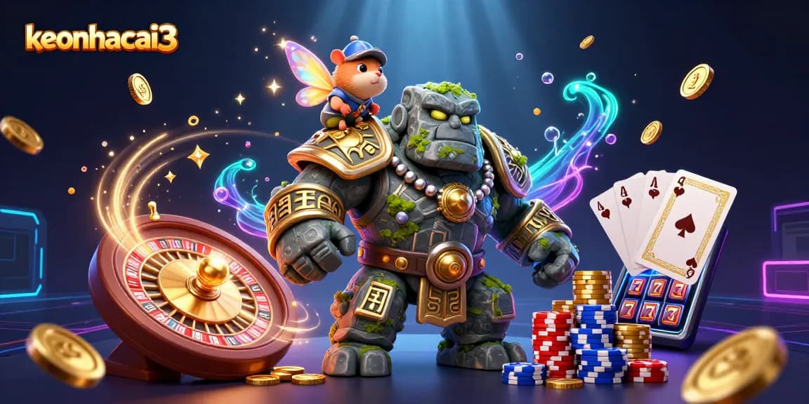 Engage with keonhacai3's vibrant casino scene featuring a magical golem, fairy, and hamster knight.