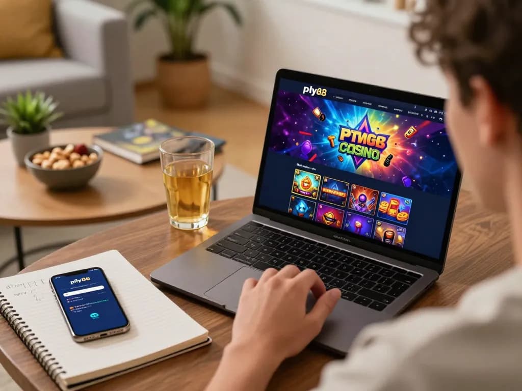 Engaging player using pfly88 for online gaming at home with strategic notes and warm ambiance