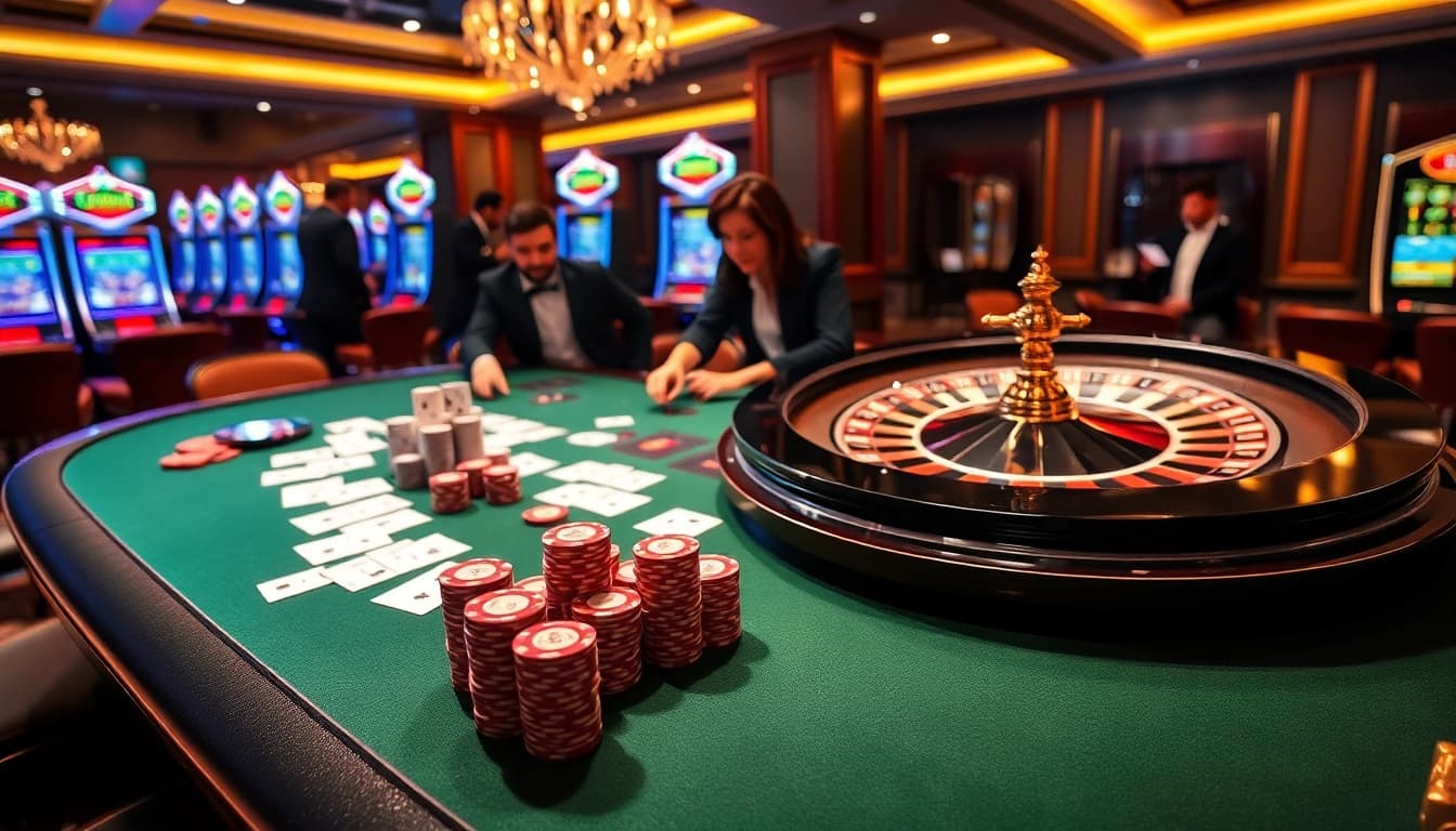 A dynamic casino scene at bong88.casa showcasing luxury gambling with poker chips and roulette wheel.