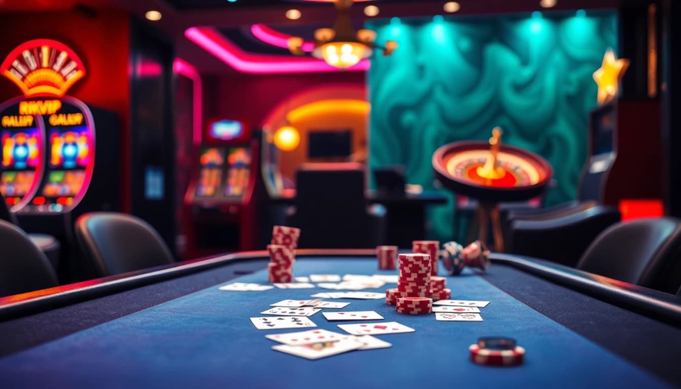 Engaging scene of Rikvip showcasing online gambling excitement with cards and poker chips.