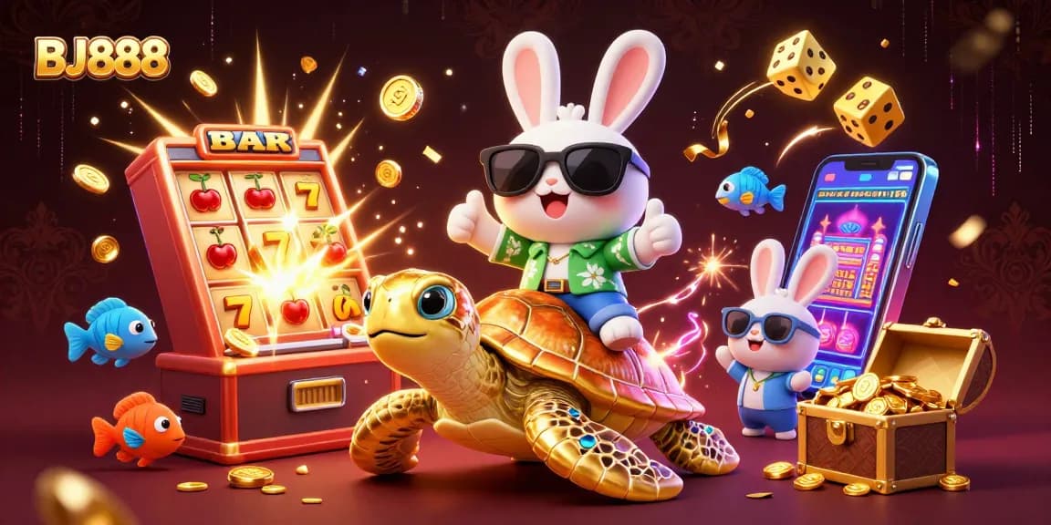 Experience the thrill of BJ888 as the lucky rabbit rides a golden turtle among jackpot treasures.