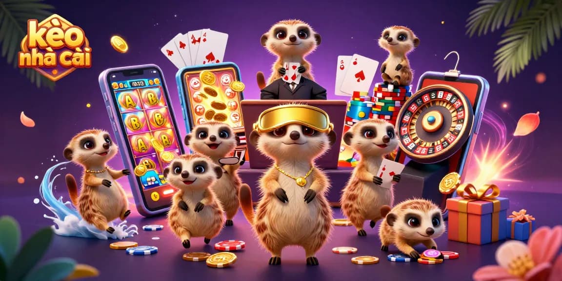Engaging kèo nhà cái scene with meerkats managing casino operations and dynamic gaming elements.