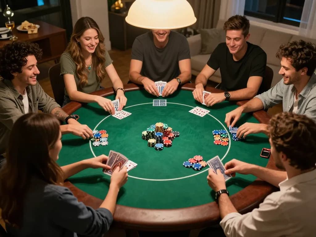 Friends enjoying a lively poker night at home, showcasing the exciting atmosphere of JUN88