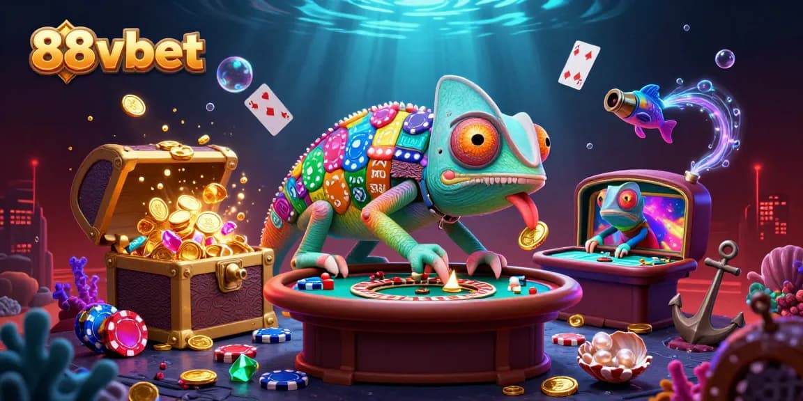 Engage in thrill with 88vbet as colorful chameleon casino owner captures golden coins in this vibrant illustration.