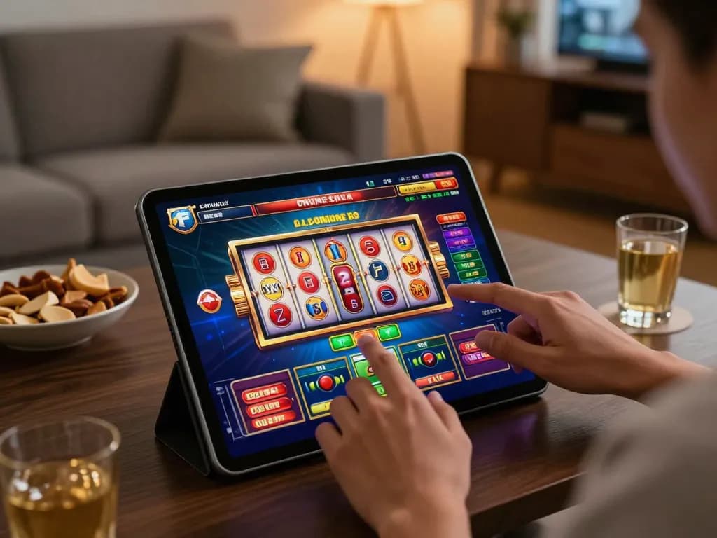 Engaging gameplay on dn88 online casino app showcasing spinning slots and user interaction in a cozy setting