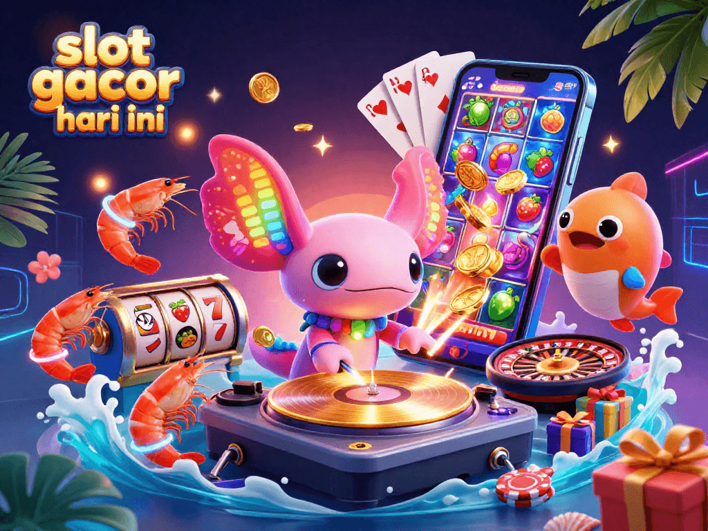 Menggoda dengan slot gacor hari ini, ilustrasi 3D neon axolotl DJ dan elemen kasino yang meriah.