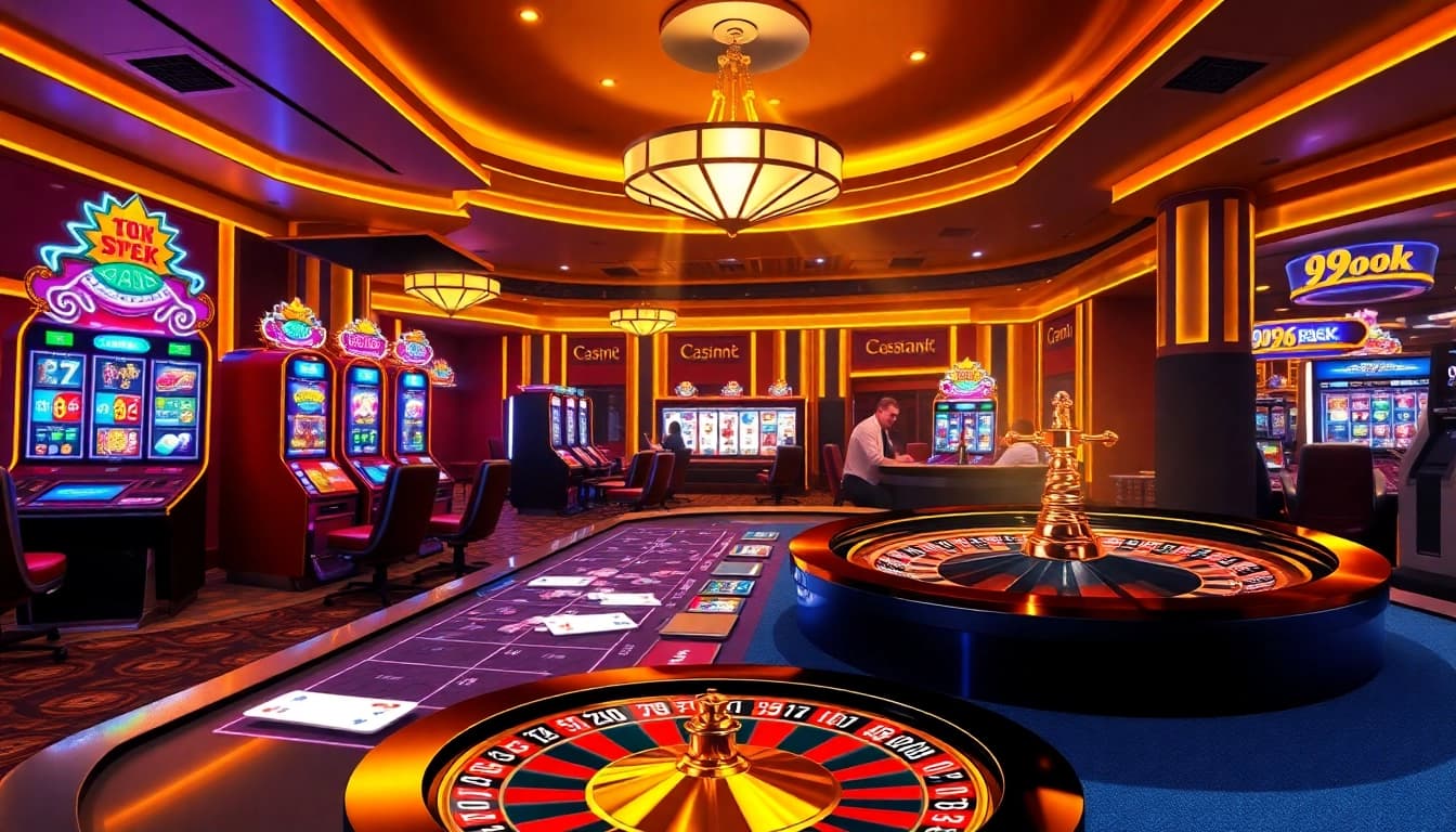 Exciting 99ok gambling scene featuring colorful slots, poker chips, and a roulette wheel.