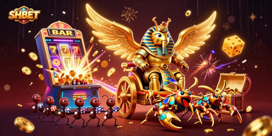 Experience thrilling wins at SHBET with a mesmerizing 3D illustration of unique casino characters and vibrant gaming elements.