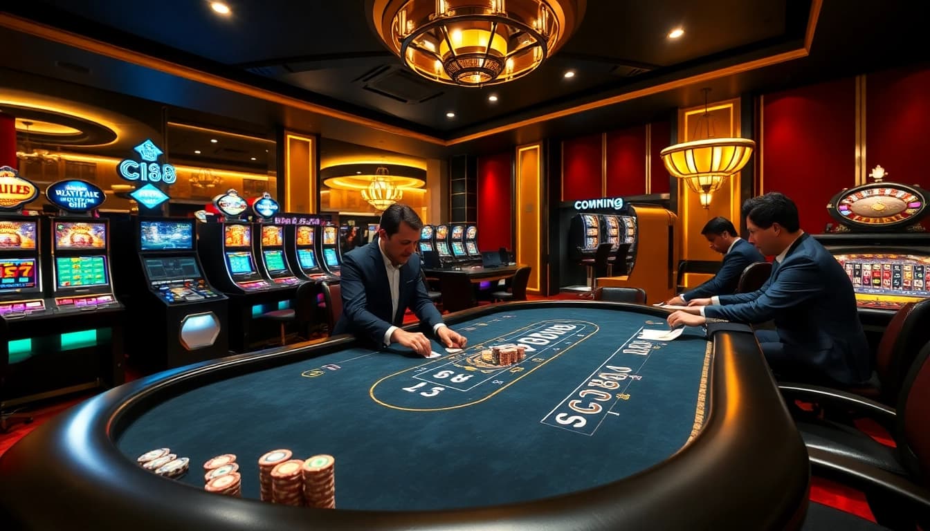 C168 casino gaming scene with poker table and vibrant slot machines.