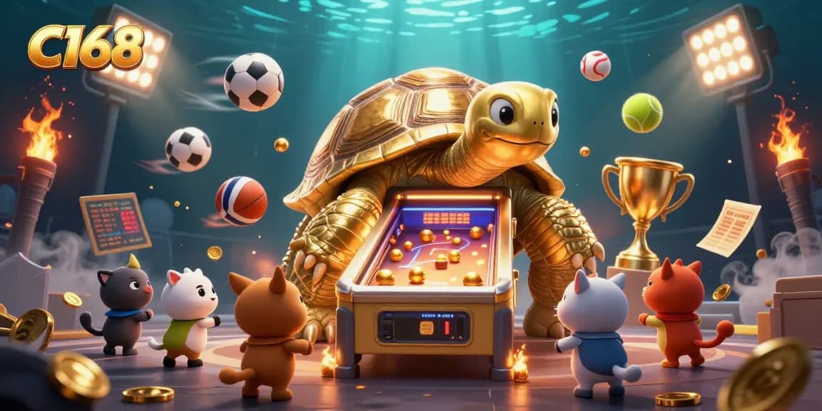 Experience C168's thrilling gaming scene with a colossal golden tortoise in a vibrant casino atmosphere.