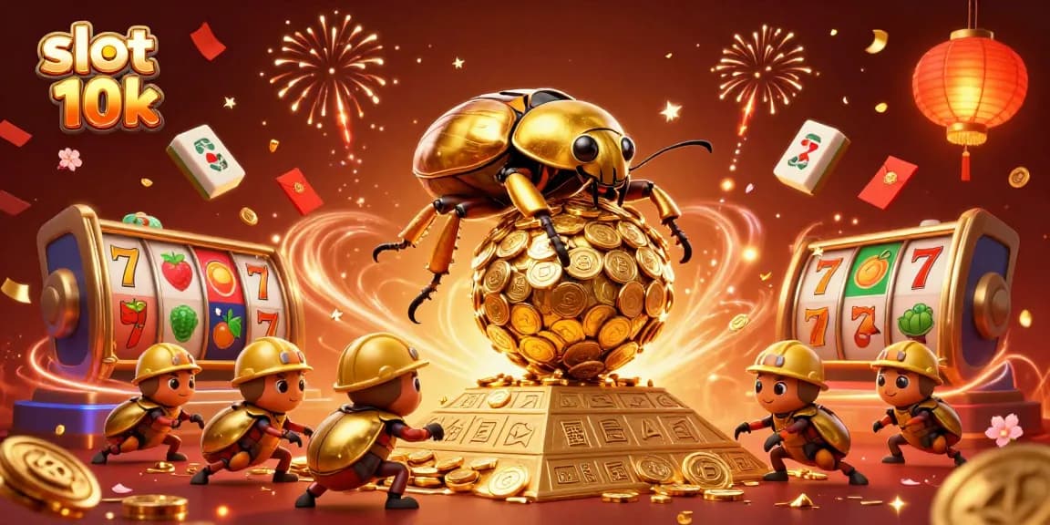 Win big with slot depo 10k featuring golden beetles and festive casino elements