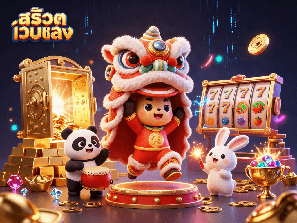 Play exciting slots at สล็อตเว็บตรง featuring vibrant lion dance and treasures.