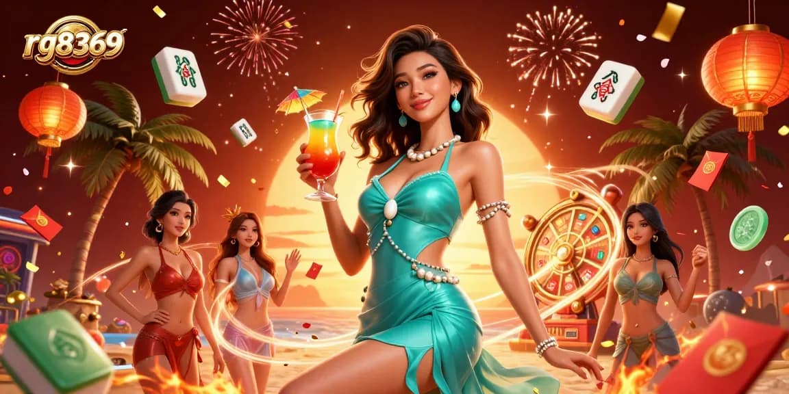 Experience the thrill of rg8369 with a glamorous casino scene featuring a stunning Asian woman amidst vibrant game elements.