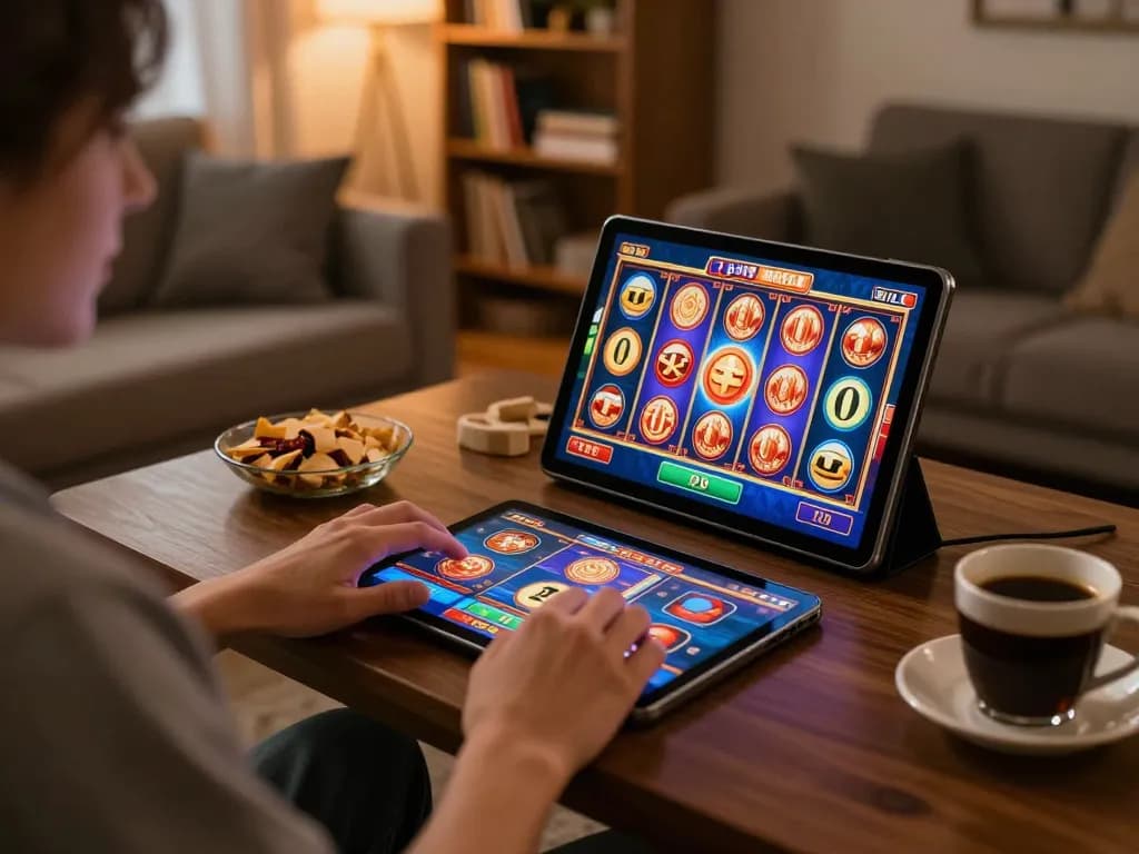 Engaged player enjoying 789club online casino slot games in a cozy living room setting.