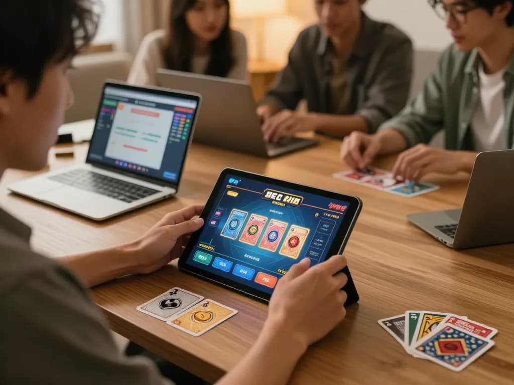 Playing game bài đổi thưởng on tablet in cozy home setting, surrounded by strategy notes and interactive discussion.