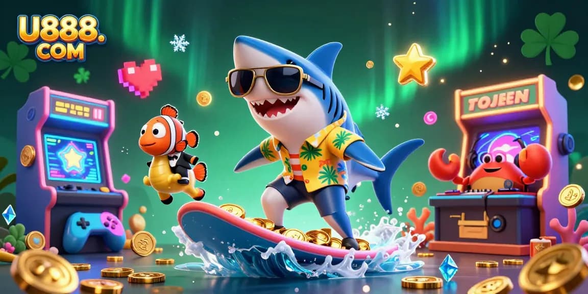 Experience thrilling gameplay at U888. COM with a vibrant casino scene featuring characters and arcade elements.