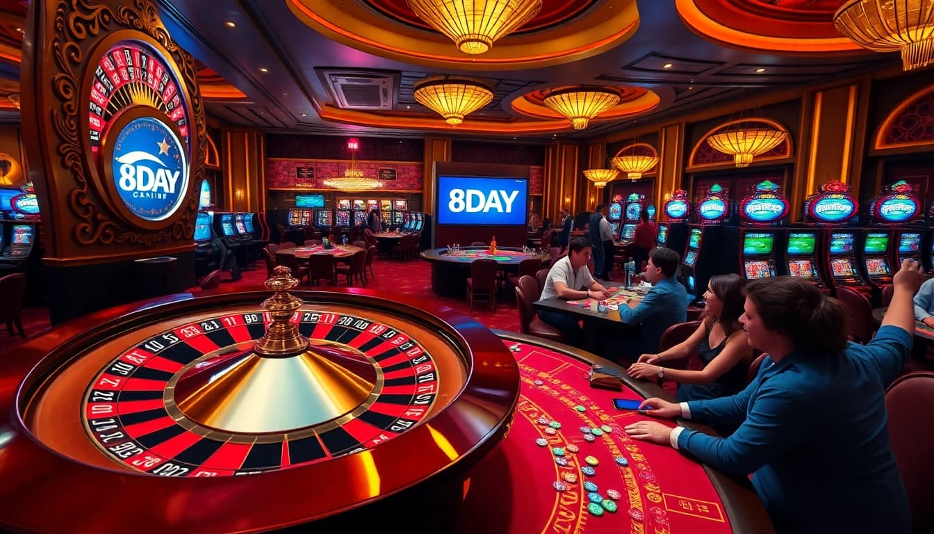 8DAY casino players celebrating a win at roulette, surrounded by poker chips and a vibrant atmosphere.