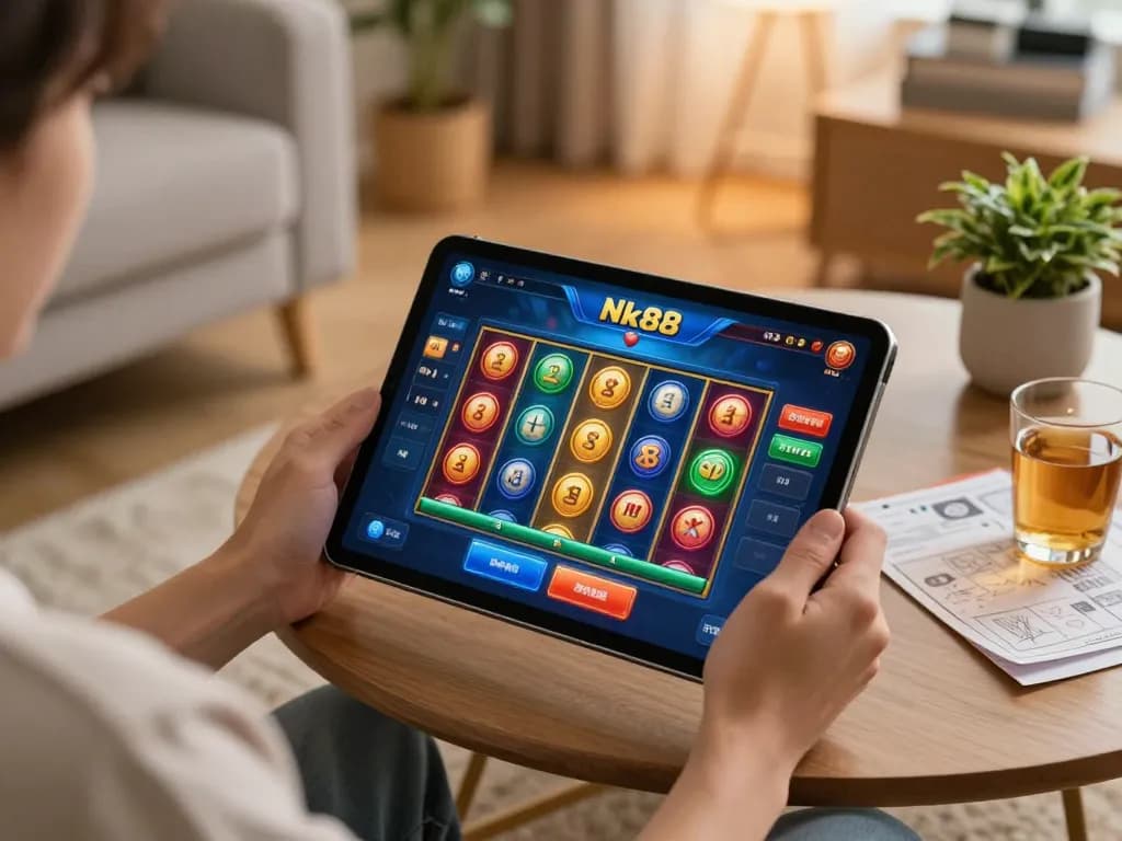 Navigating the Nk88 game interface on a tablet during a cozy home gaming session with strategy notes.