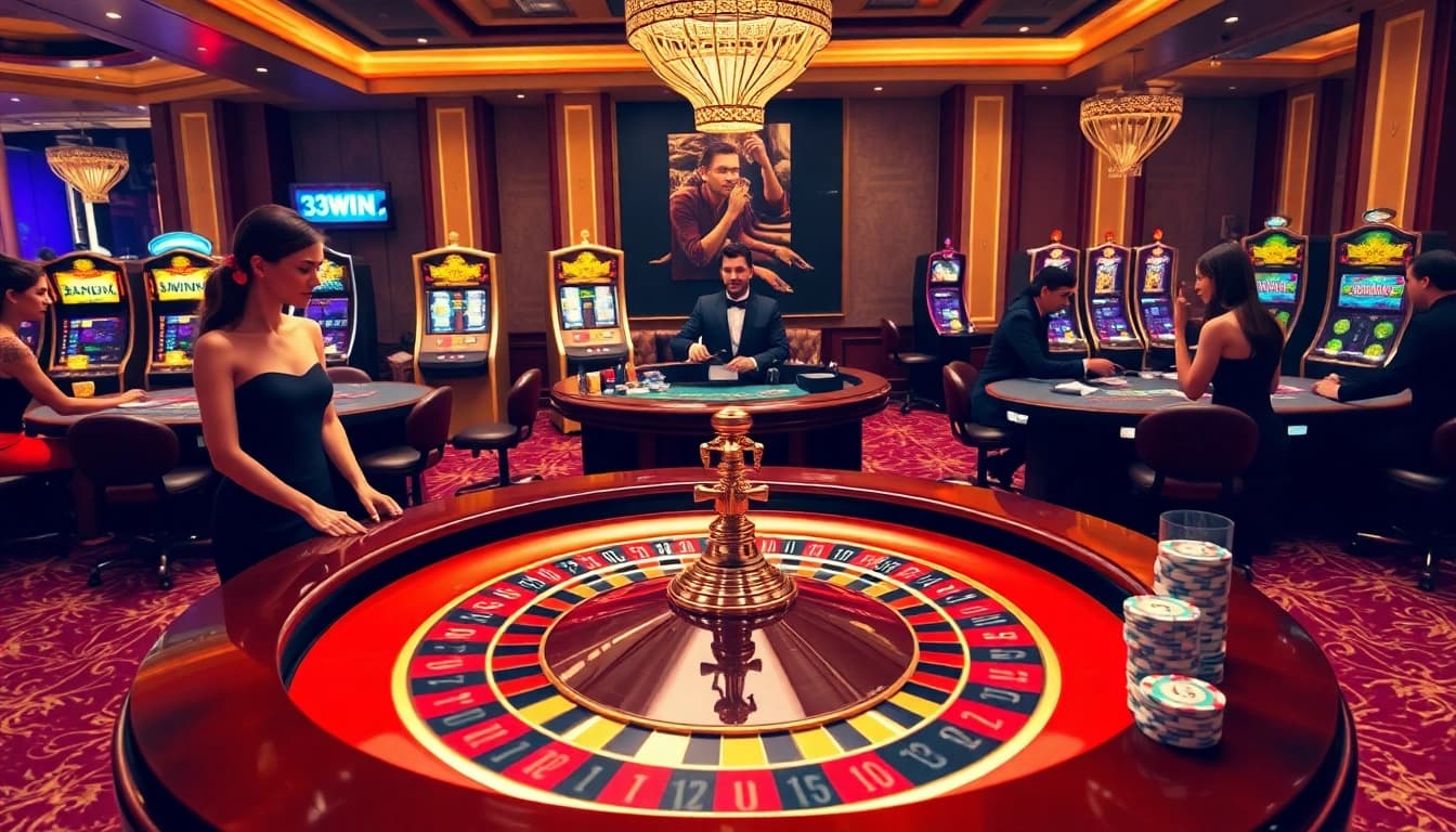 Experience the thrill of winning at 33WIN with an elegant casino scene featuring a roulette table and poker games.