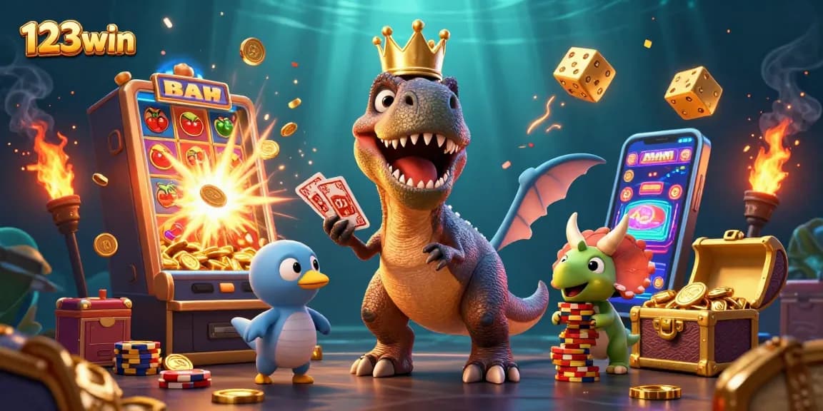Experience thrilling gameplay with 123win, as T-Rex and friends enjoy slots and jackpots!
