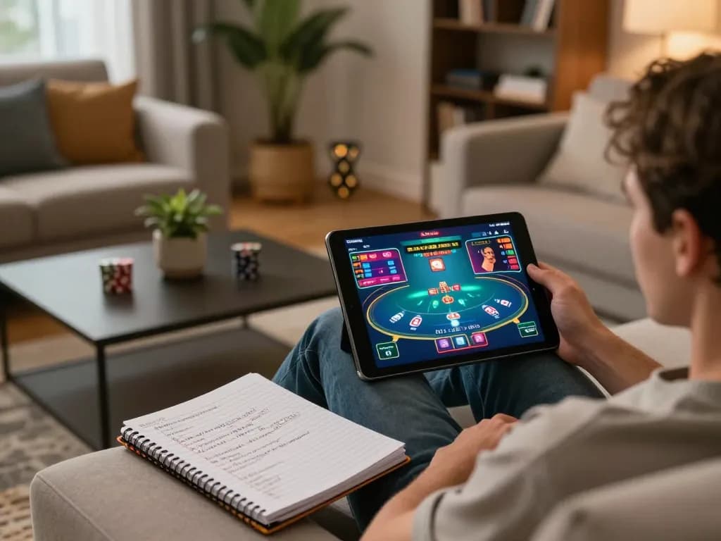 Sunwin player engaging with online poker game on tablet showcasing strategic betting techniques in a cozy atmosphere