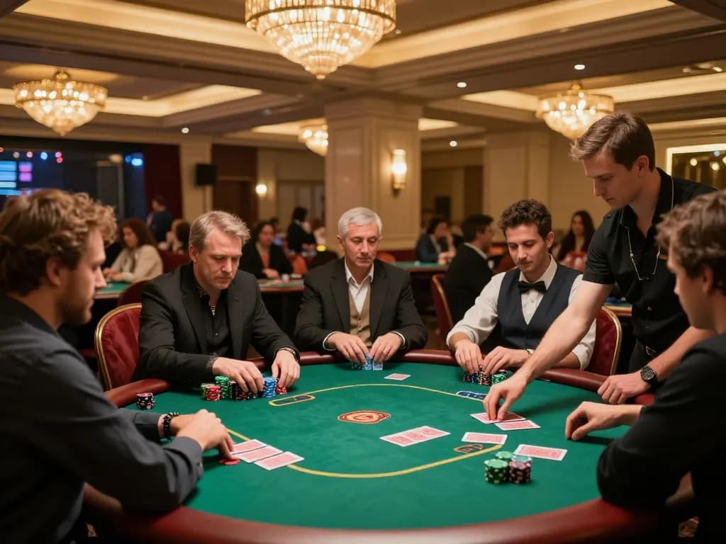 KJC players enjoying a thrilling poker game in an upscale casino VIP area with rich decor
