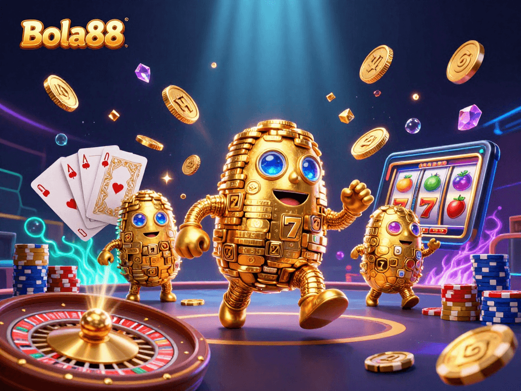 Bola88 menghadirkan ilustrasi kasino 3D dengan golem emas, koin dan simbol slot berkilau.