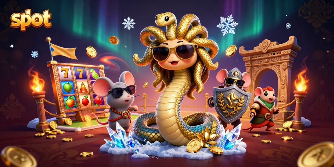 Spin slots with Medusa and a warrior mouse in a vibrant casino atmosphere filled with gold coins.