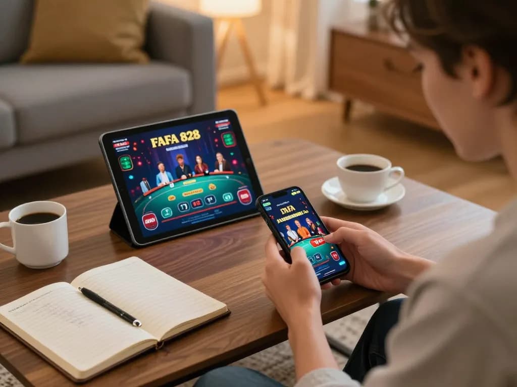Player exploring FAFA 828 games on smartphone in a cozy gaming environment