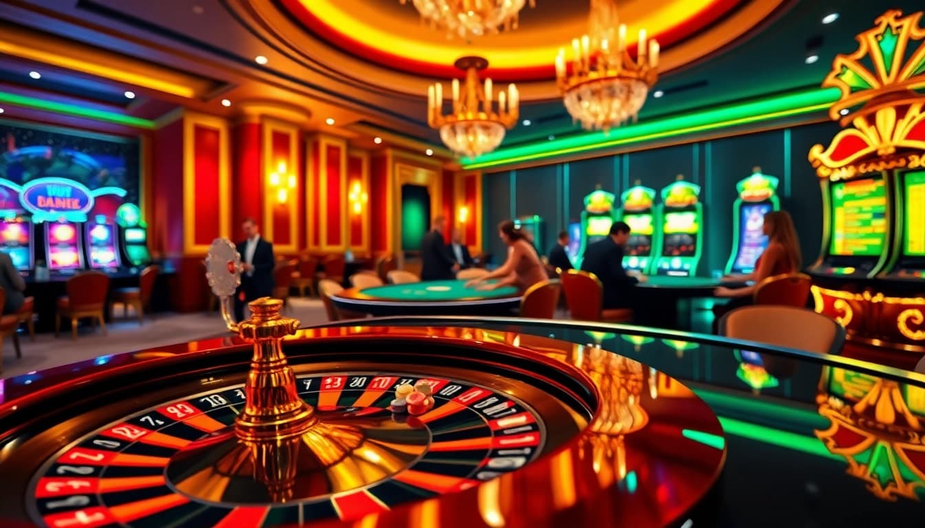 Engaging scene of players at lc88 casino with roulette and blackjack tables, showcasing excitement and luxury.