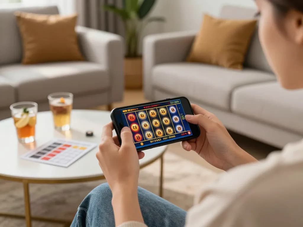 Player engaging with 69vn app on smartphone, surrounded by cozy home gaming setup, highlighting interaction.