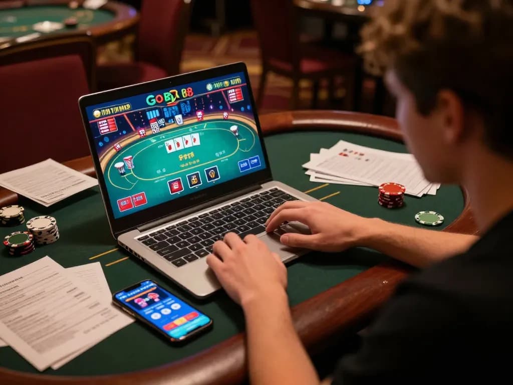 Playing Go 88 in an engaging online gambling setup with poker game on laptop