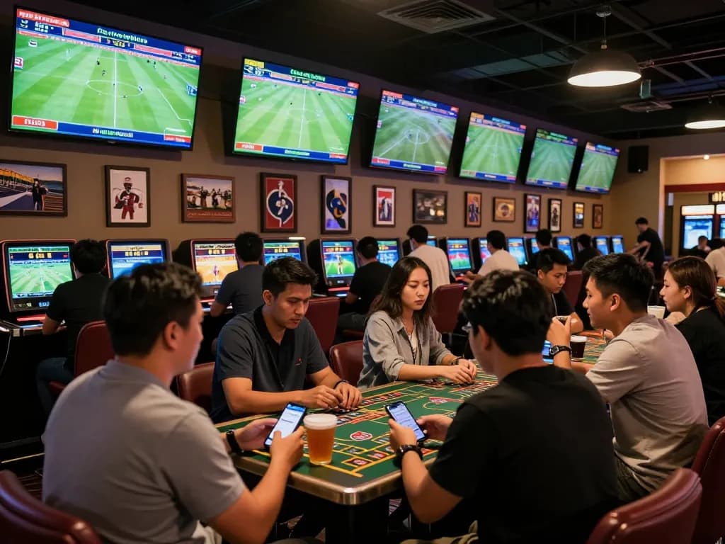 Engaged bettors analyzing tỷ lệ kèo bóng đá trực tuyến at a vibrant sports betting lounge, amidst live match displays.