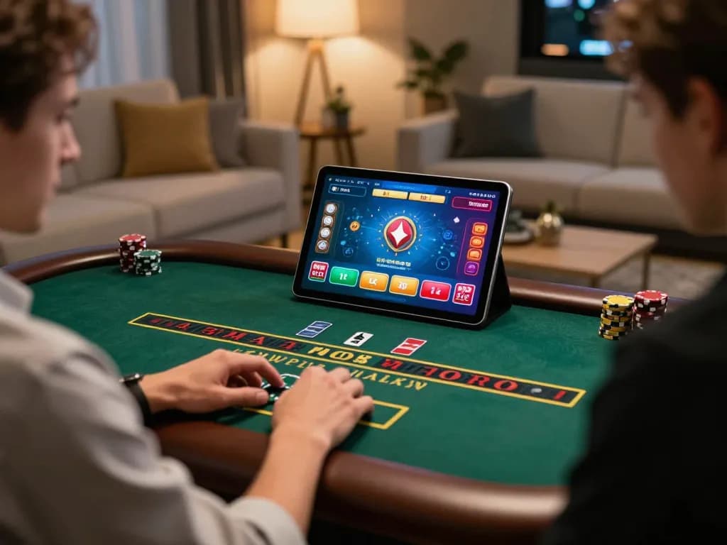 Kuwin player engaging with live dealer blackjack on a tablet in a cozy home setting