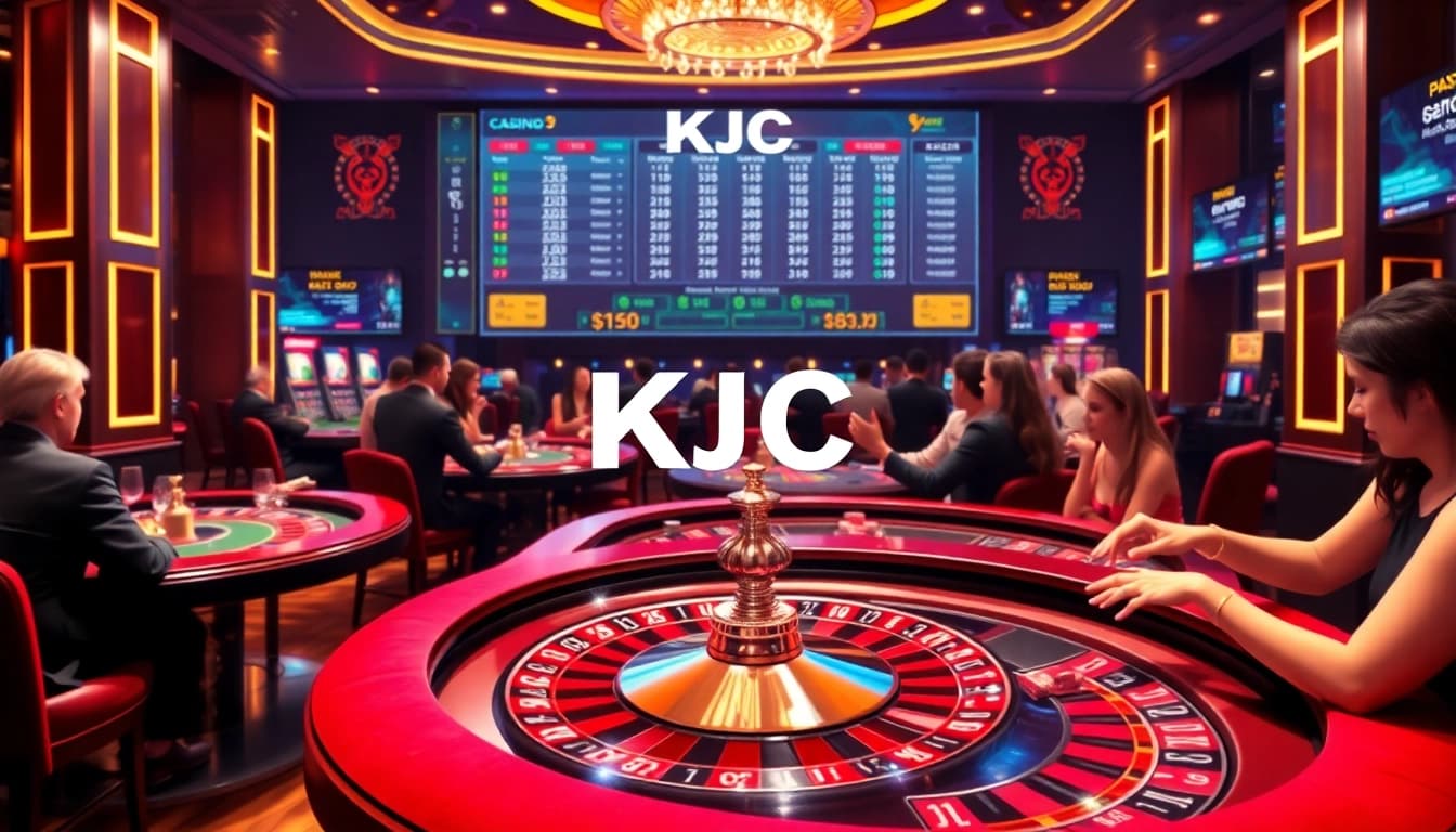 KJC casino scene with players at poker tables and roulette wheel excitement