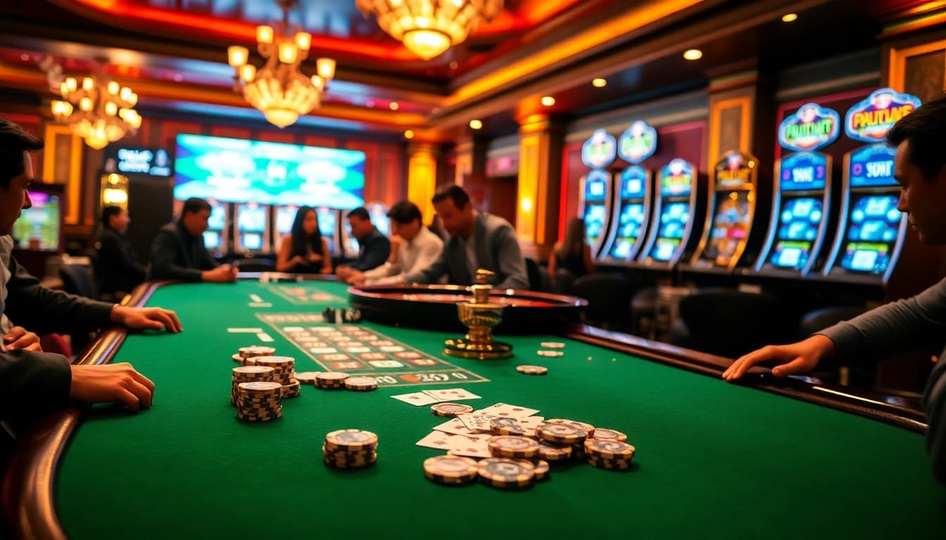 Players strategizing around a poker table, representing the hidden wiki within a luxury casino environment.