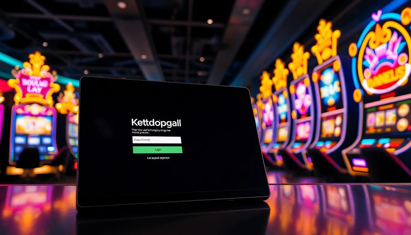 Katsu5 Login pada layar dengan suasana kasino yang menarik dan permainan slot menjulang.