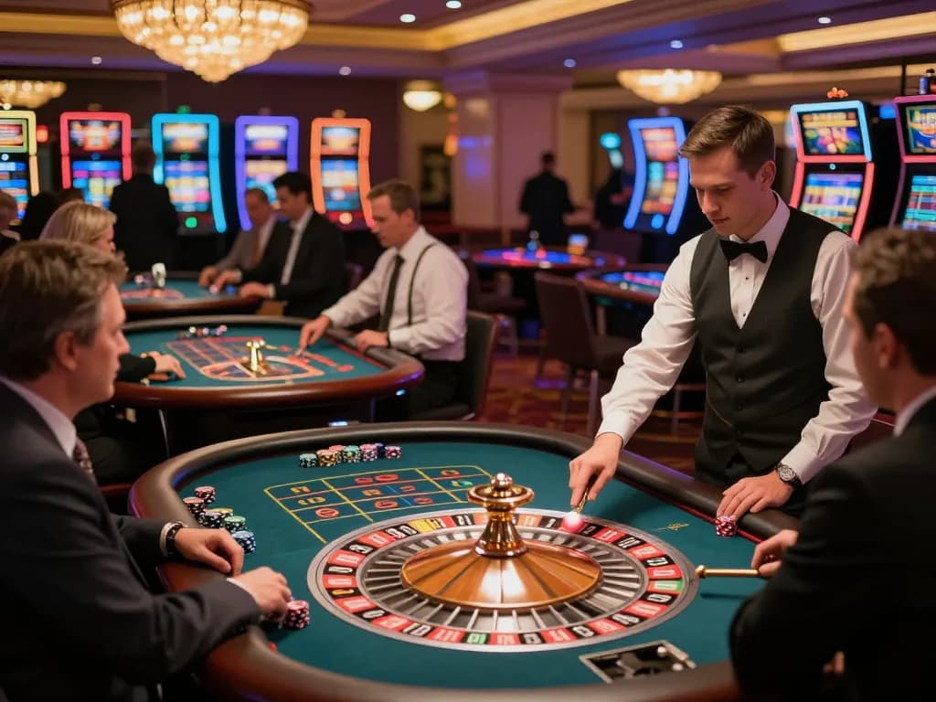 Players spinning roulette wheels and betting at lively tables at https://tr88.baby/ casino atmosphere