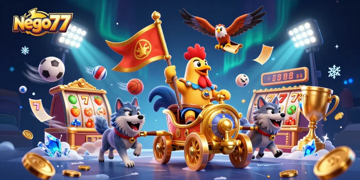 Nego77 offers a thrilling jackpot experience with dynamic slot machine reels and golden coins amidst vibrant casino elements.
