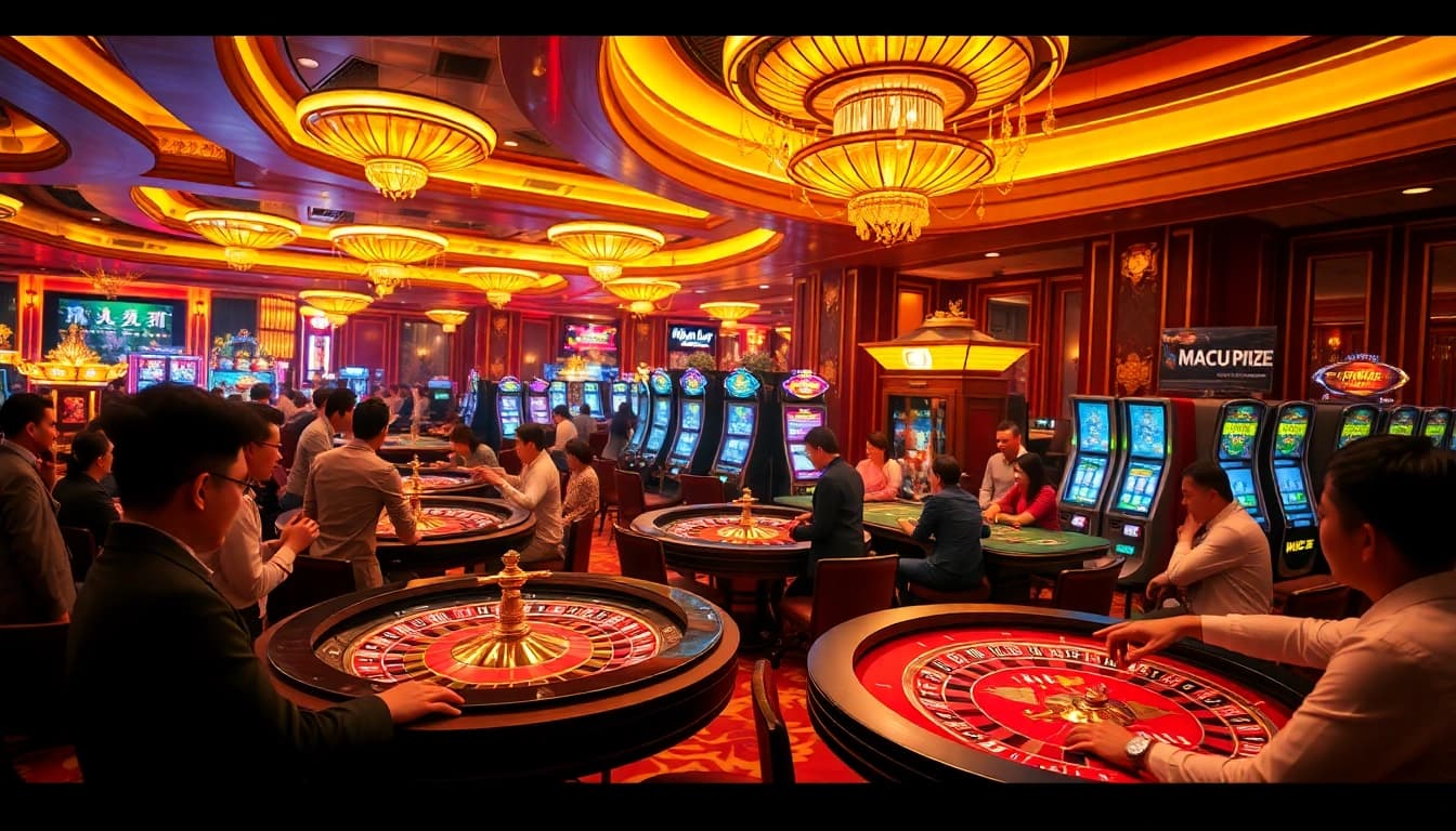 Experience the excitement of Macau Prize winnings at a luxurious casino, featuring live gaming tables and vibrant players.