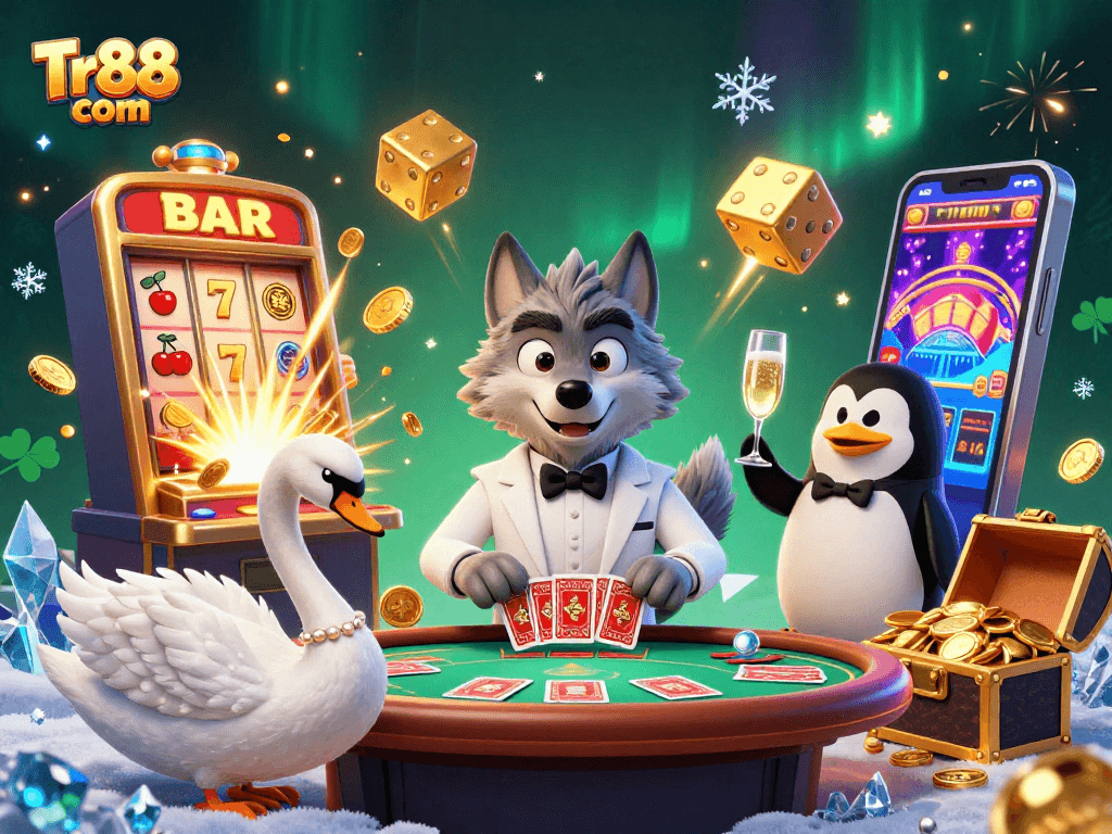 Experience thrilling games at Tr88 com with our vibrant casino scene featuring charismatic characters and exciting elements.