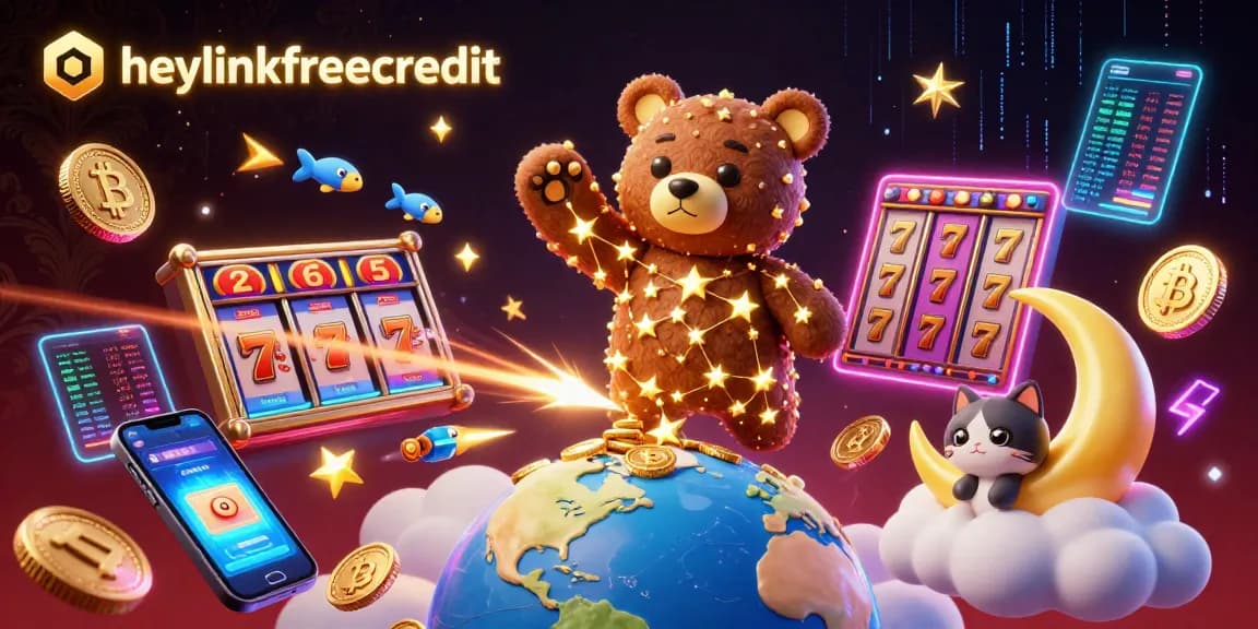 Experience the exciting world of heylinkfreecredit with a dazzling casino-themed illustration featuring vibrant characters and crypto elements.