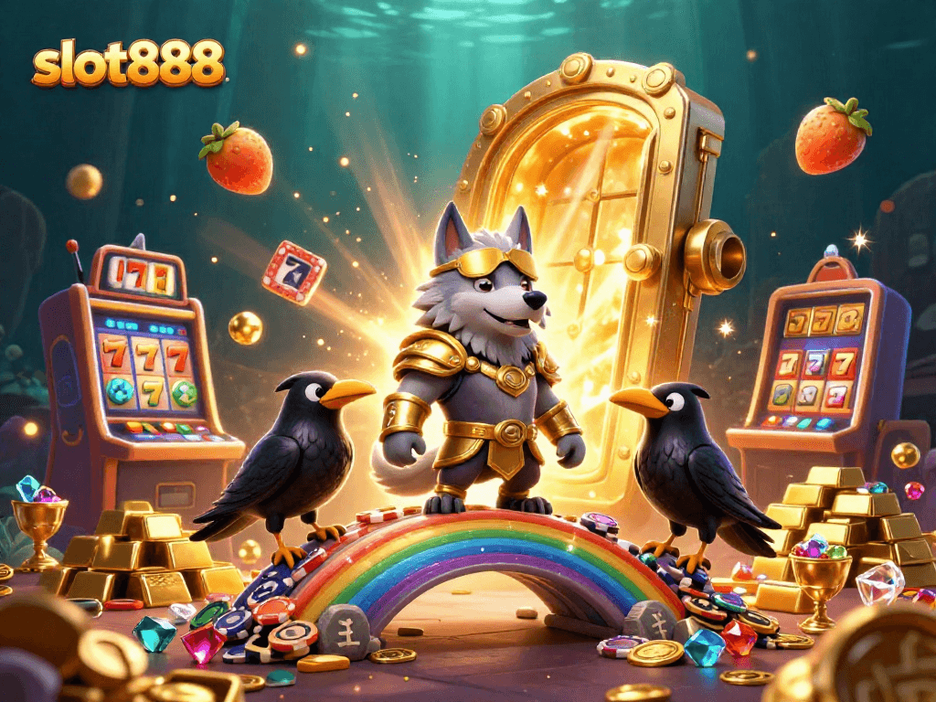 Mainkan slot888 dengan Odin dan burung gagak bercahaya di dunia kasino berkilauan yang penuh harta.