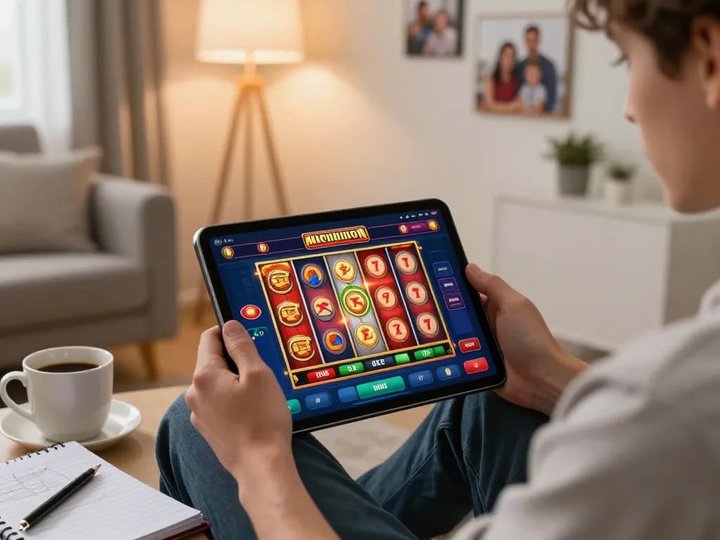 Pemain DASI4D menikmati permainan slot online di tablet dalam suasana rumah yang nyaman