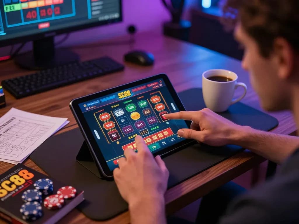 Engaging online gaming session on SC88 platform, featuring player strategy in a cozy home setup