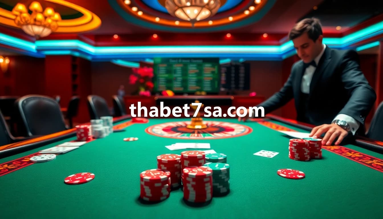 Experience thrilling gameplay at thabet77.sa.com with an exciting casino table and poker action.