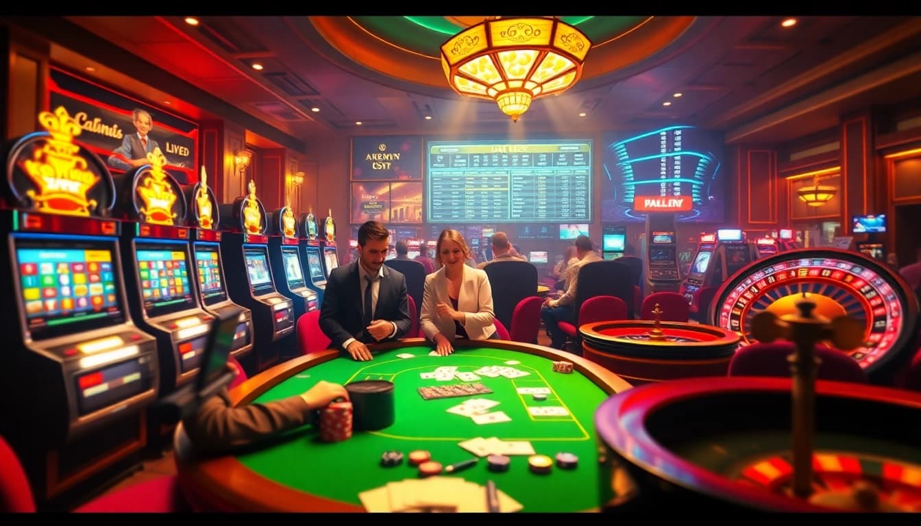 Exciting gambling scene from https://lodetructuyen.co/ showcasing players at a poker table and vibrant slot machines.