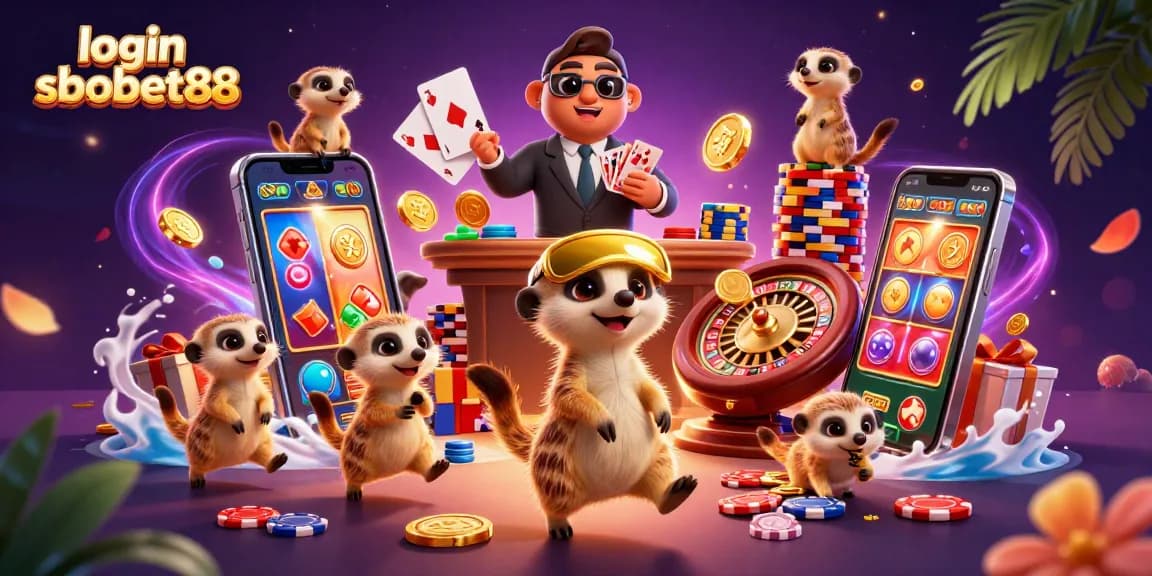 Experience the excitement of login sbobet88 with meerkats managing a vibrant casino in a dynamic 3D illustration.